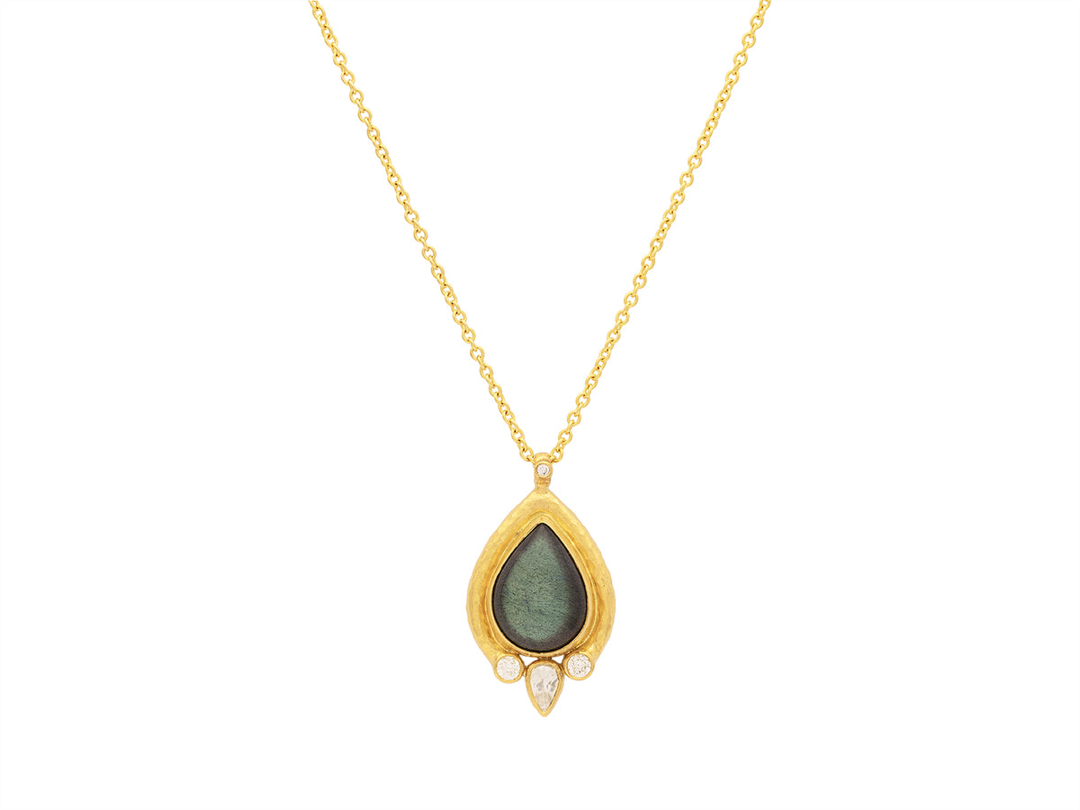 GURHAN Muse Gold Teardrop Pendant Necklace, 16x12mm set in Wide Frame,