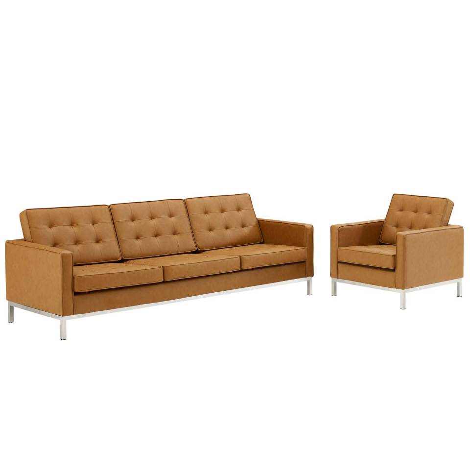 Modway Loft Tufted Upholstered Faux Leather Sofa and Armchair Set - EEI-4104 - Silver Tan