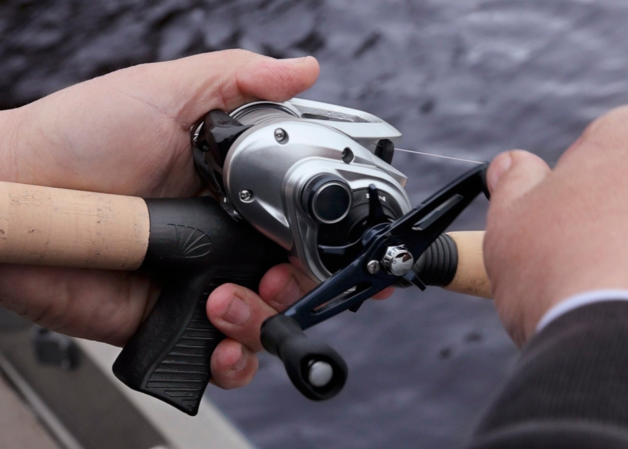 Ocean Fishing Reel On A Boat In The Duvet Cover by Grandriver 