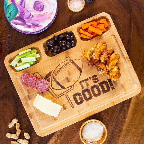 3-Well Kitchen Prep Cutting Board with Juice Groove and "It's Good" Football Engraving 