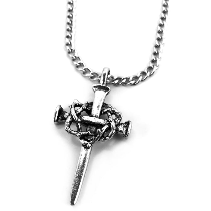 Crown Of Thorns Nail Cross Necklace Silver Finish On Chain