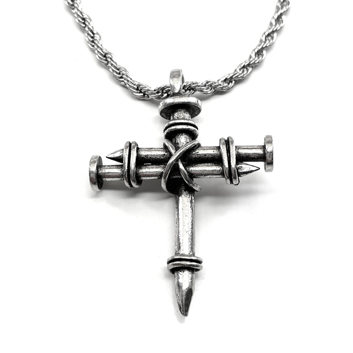 Nail Cross Necklace Antique Silver Finish Rope Chain