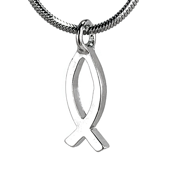 Jesus Ichthus Small Fish Rhodium Finish Snake Chain Necklace