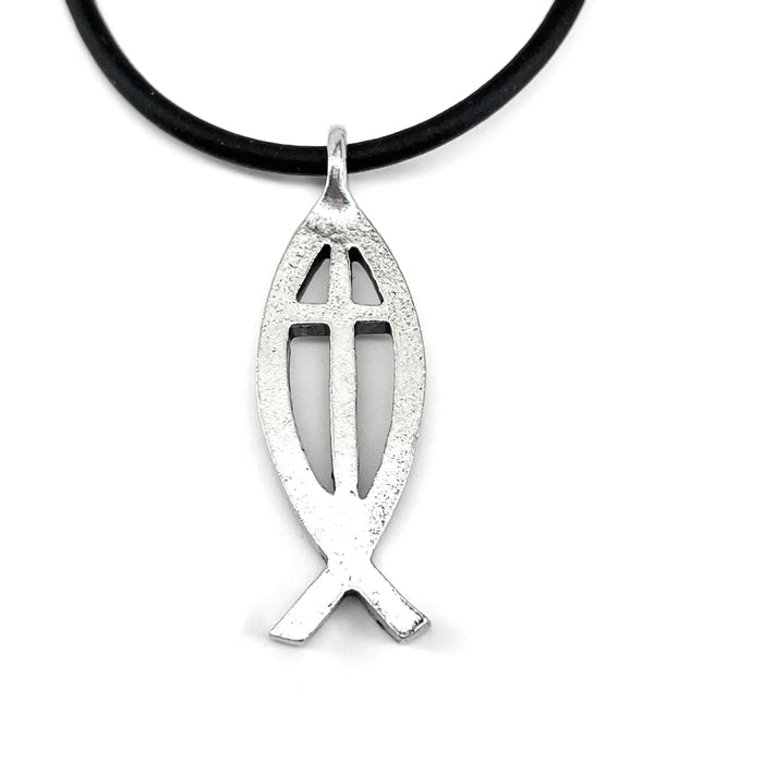 Cross Ichthus Jesus Fish Silver Finish Black Cord Necklace