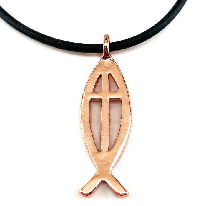 Cross Ichthus Jesus Fish Copper Finish Black Cord Necklace