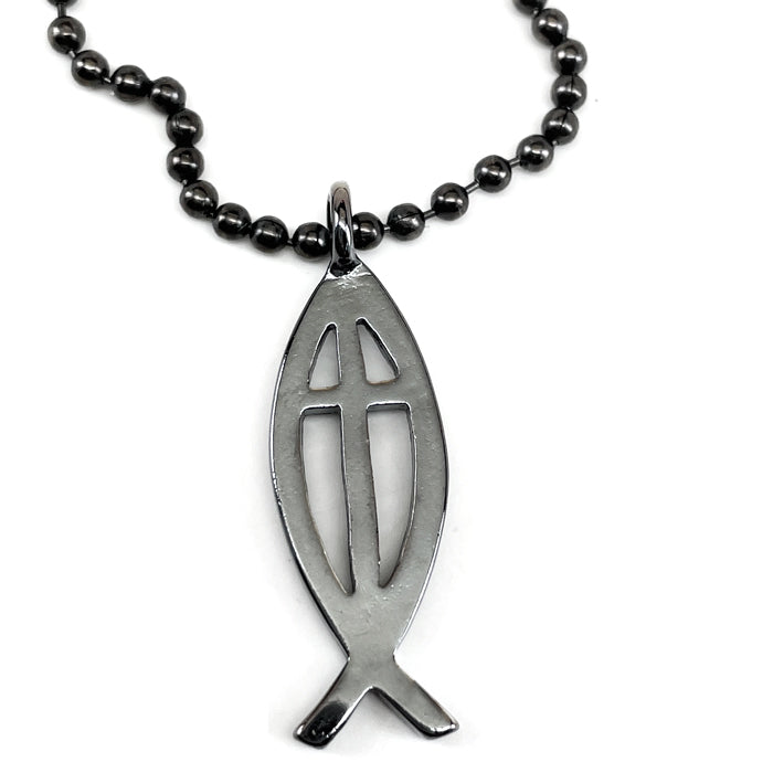 Cross Ichthus Fish Gunmetal Finish Ball Chain Necklace