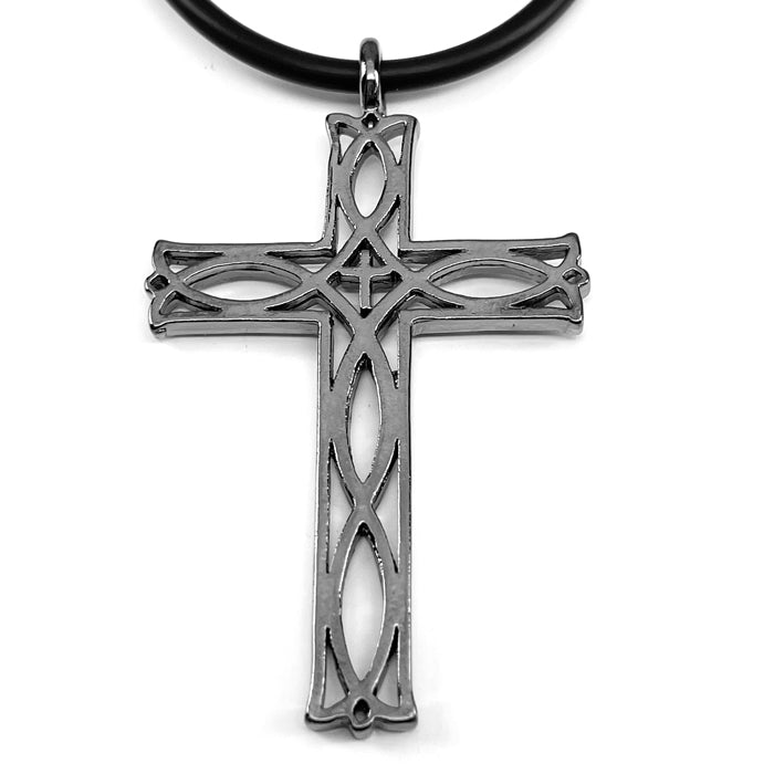 Cross Ichthus Fish Gunmetal Necklace