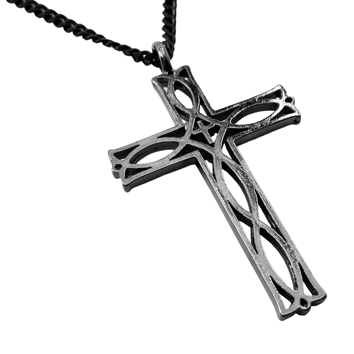 Cross Ichthus Fish Dark Metal Finish Pendant Dark Finish Curb Chain Necklace