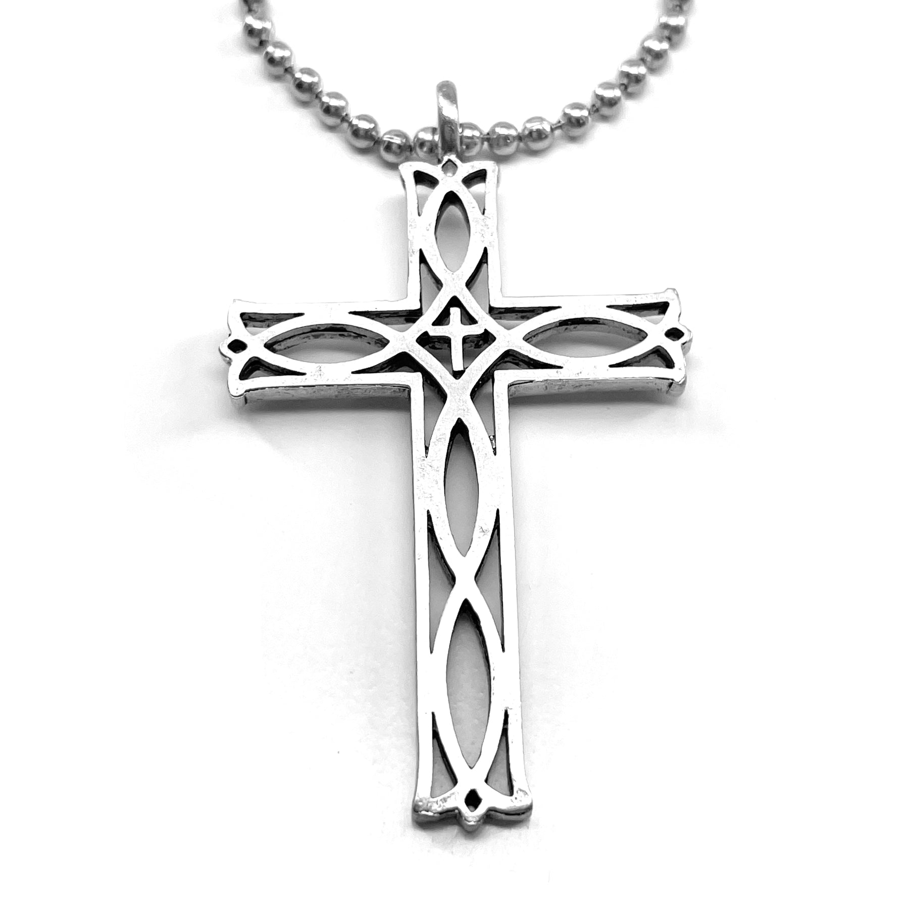 Cross Ichthus Fish Antique Silver Necklace Ball Chain