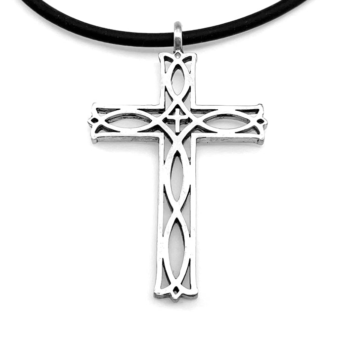 Cross Ichthus Fish Antique Silver Necklace