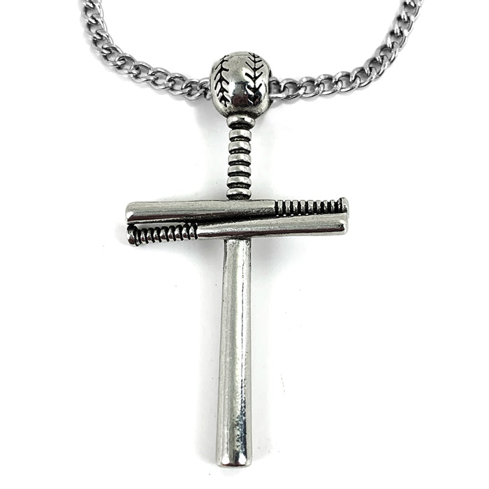 Baseball Bat And Ball Cross On Chain Necklace Pewter I Can Do All Things