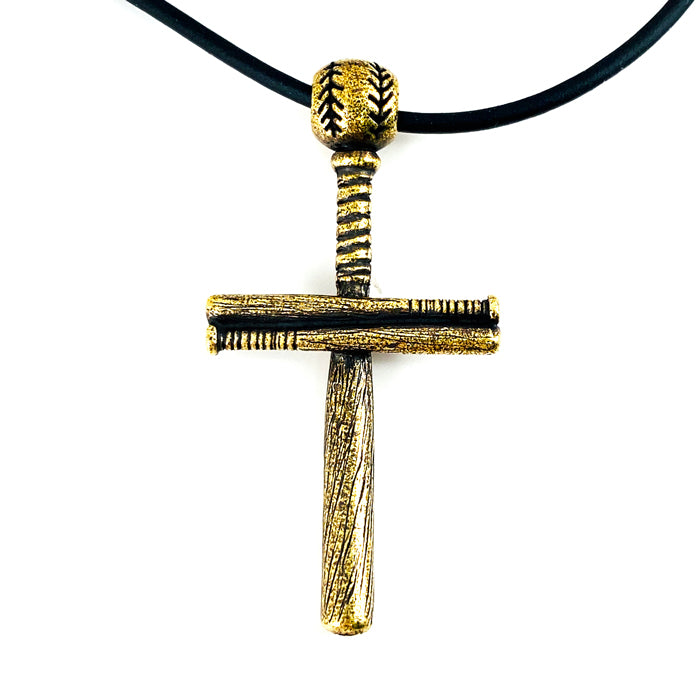 Baseball Bat And Ball Cross On Black Rubber Cord Necklace Antique Brass Finish