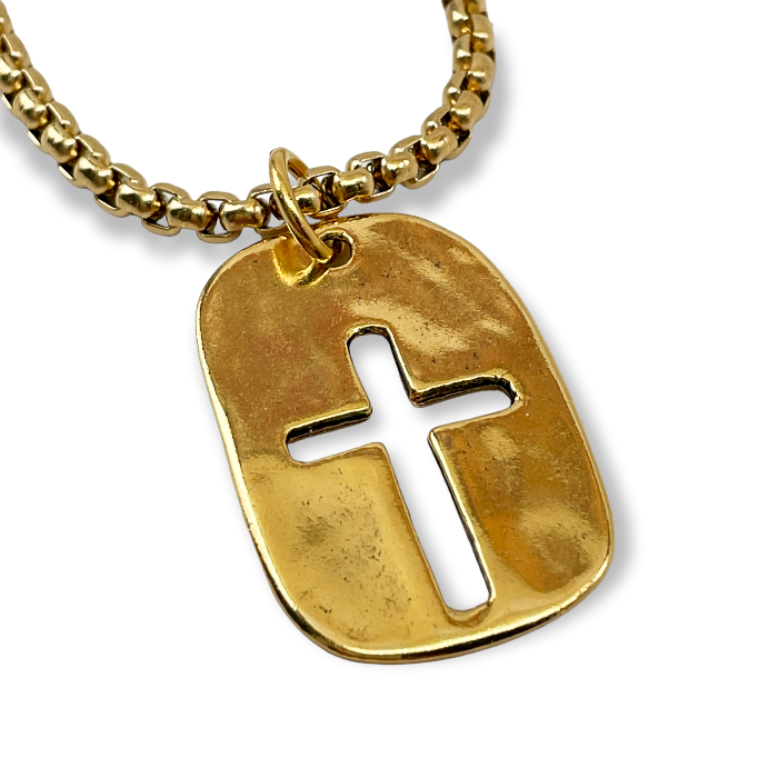 Cross Tag Gold Finish Pendant Gold Heavy Chain Necklace