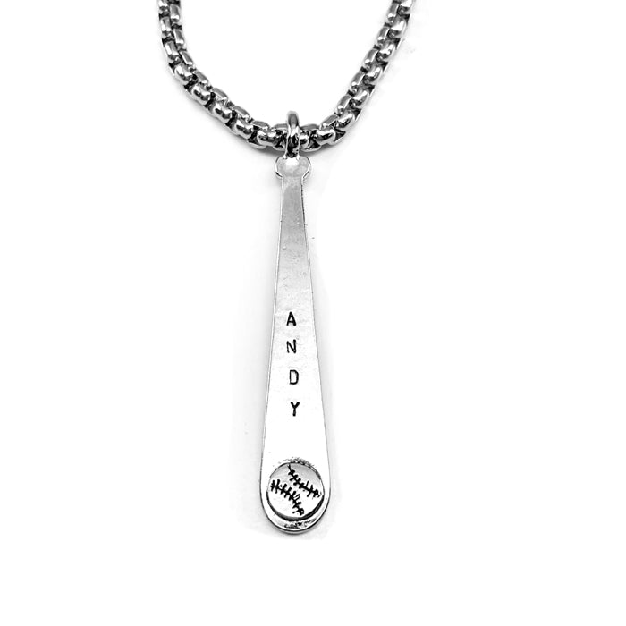 Baseball Softball Customize Name Bat Rhodium Finish Necklace Heavy Chain