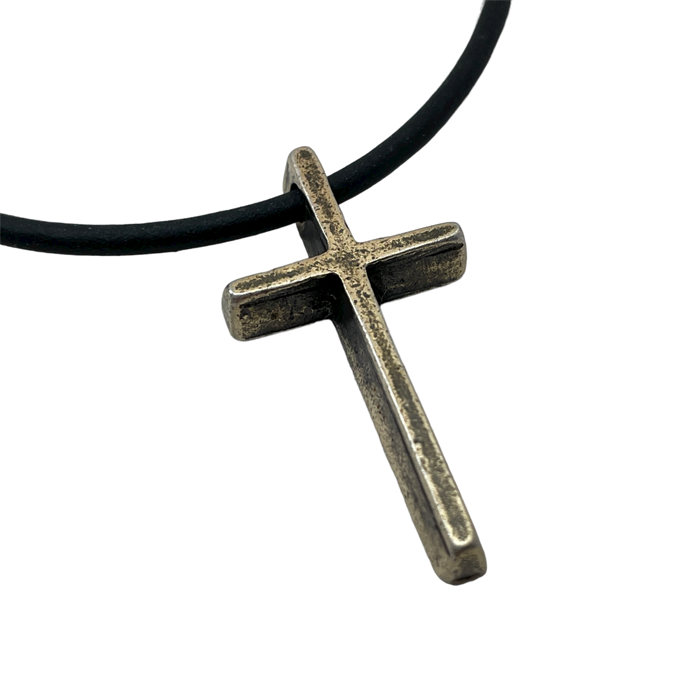 Cross Small Antique Brass Finish Pendant Black Rubber Necklace