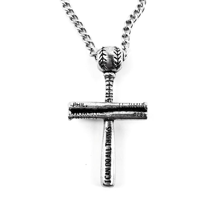 Baseball Bat And Ball Cross Small Necklace Antique 18 Inch Silver Chain