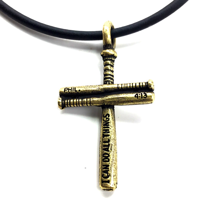 Baseball Bat Cross Small Necklace Brass Pewter