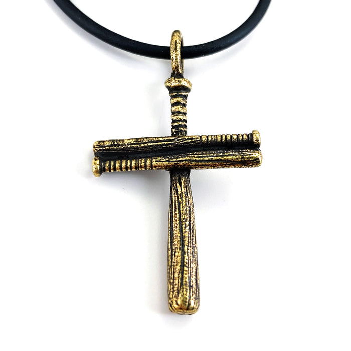 Cross Baseball Small Bat Plain Necklace Brass Finish