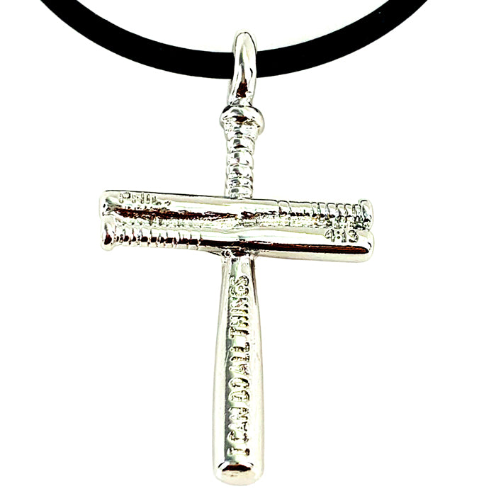 Baseball Cross Bat Necklace Small Rhodium Bling Finish