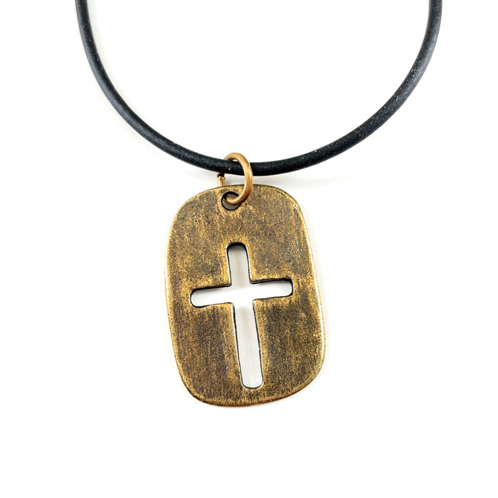 Cross Tag Brass Finish Black Cord Necklace