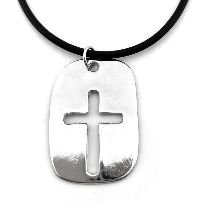 Cross Tag Imitation Rhodium Finish Black Cord Necklace