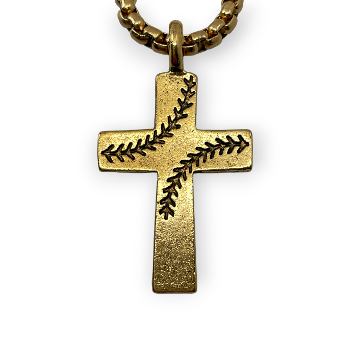 Baseball Stitch Cross Gold Finish Necklace on Heavy Chain