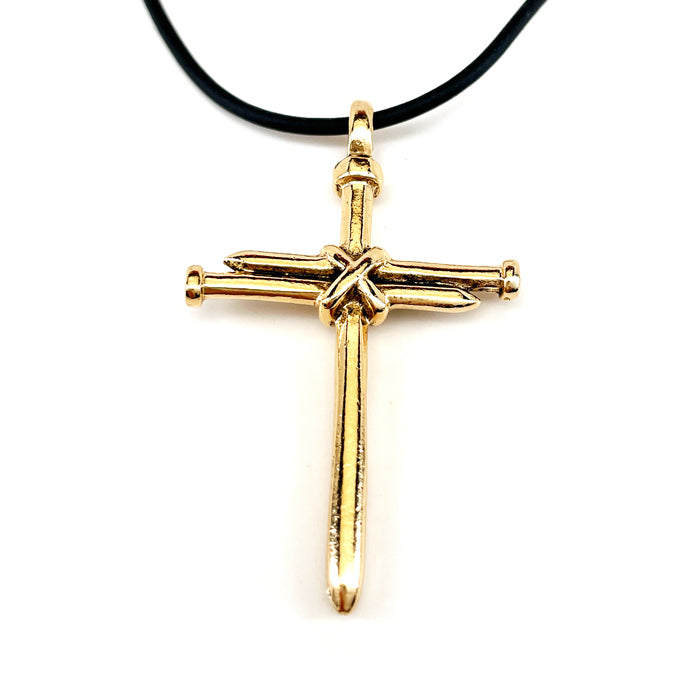 Nail Cross Antique Gold Finish Black Rubber Necklace