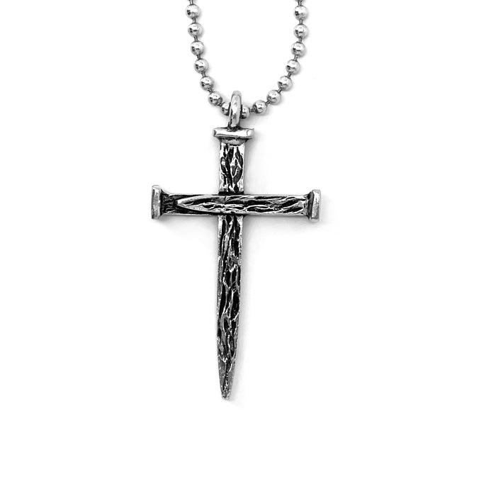 Nail Cross Large Rugged Antique Silver Finish Pendant Ball Chain Necklace