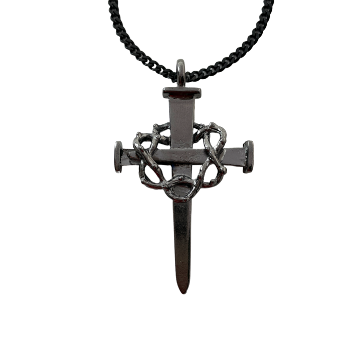 Crown Of Thorns Nail Cross Large Dark Metal Finish Pendant Dark Chain Necklace