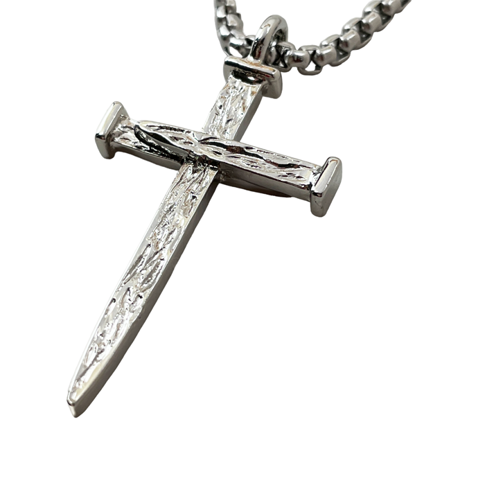 Nail Cross Large Rugged Rhodium Metal Finish Pendant Heavy Chain Necklace