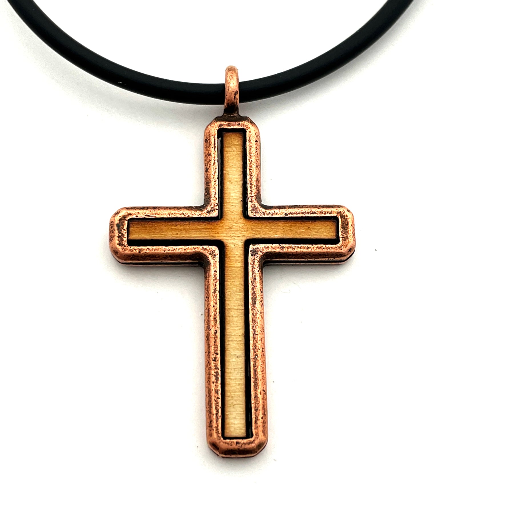 Cross Wood Inlay Antique Copper Pendant Necklace