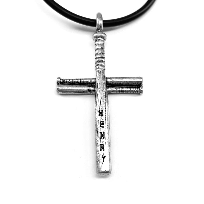 Baseball Softball Personalized Bat Cross Necklace On Black Rubber