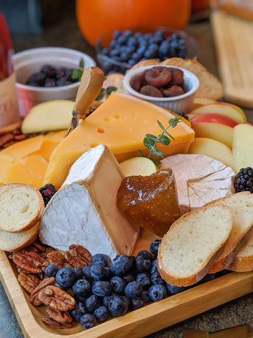 Fall Cheese Board Sweet and Savory Mix on Bamboo Cheese Board