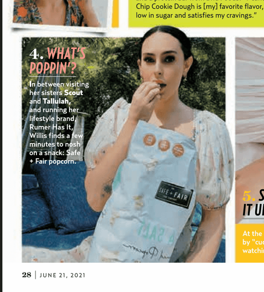 rumer willis and Safe + Fair seasalt popcorn