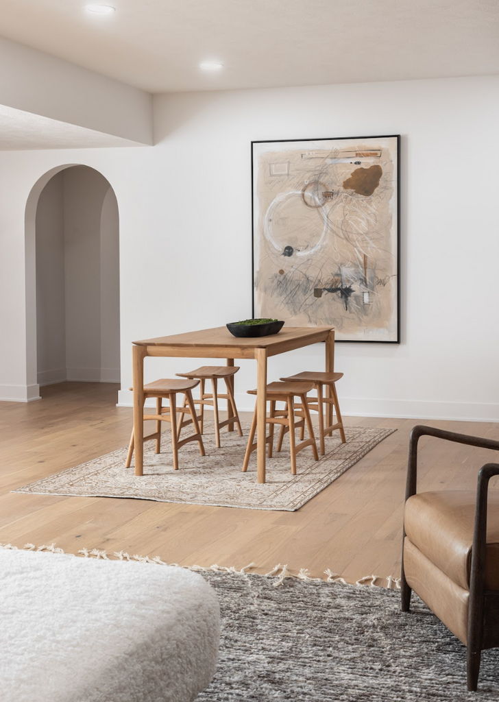 salle à manger au niveau inférieur, ferme californienne, chêne blanc