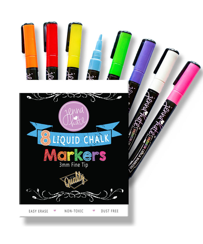 Jennakate - 8 Pack Dry Erase Liquid Chalk Markers - 3mm - Fine Tip