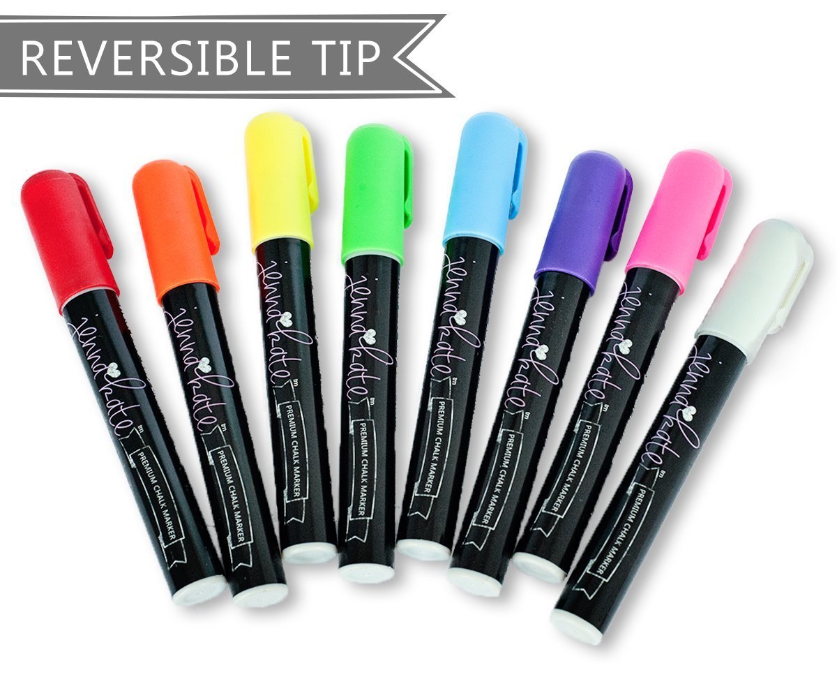 Jennakate - 8 Pack Dry Erase Liquid Chalk Markers - 6mm Reversible Tip (Bullet & Chisel Tip)
