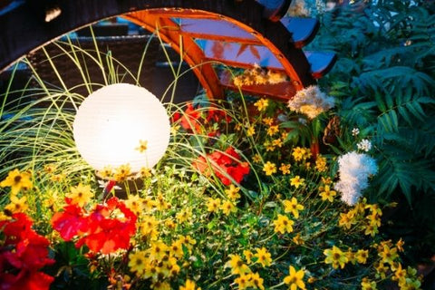 lit lantern placed above a flower bed