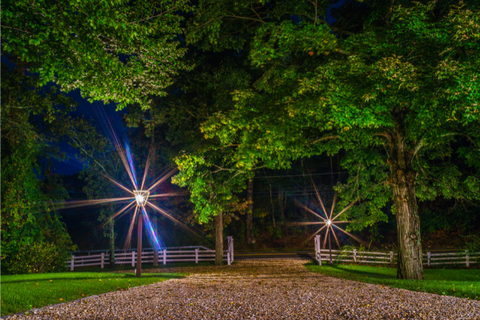 two driveway lights in a dark night welcoming passing people surrounded by trees 