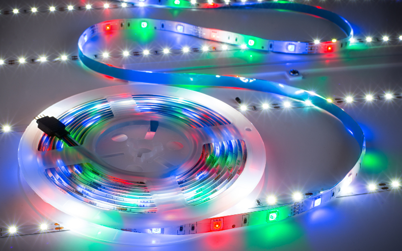 RGB LED light strip on white table plate background