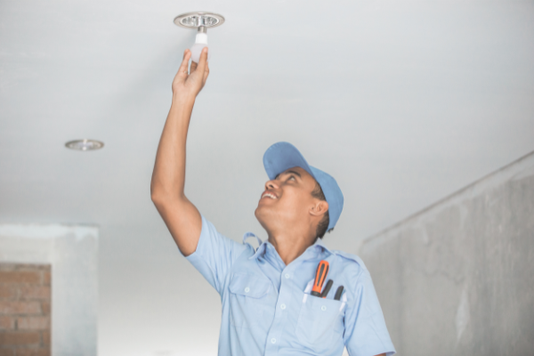 electrician installing light bulb into the downlight
