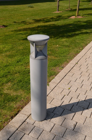 gray bollard light erected in the pathway near the grasses