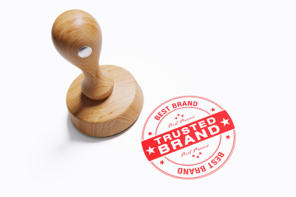 wooden trusted brand stamp on white background