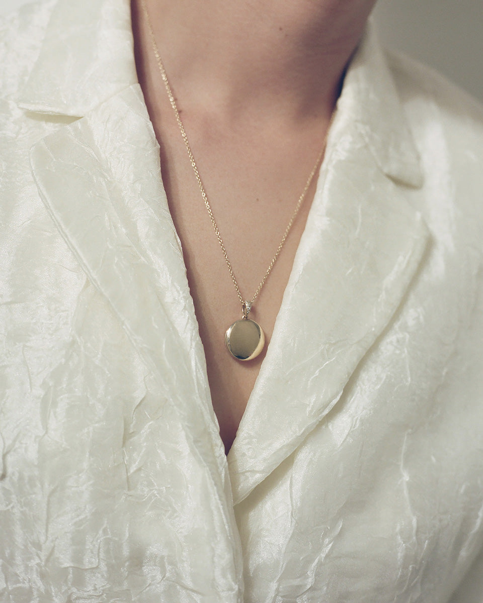 Model wearing J. Hannah Signature Locket with Pave' Diamonds 14k Gold