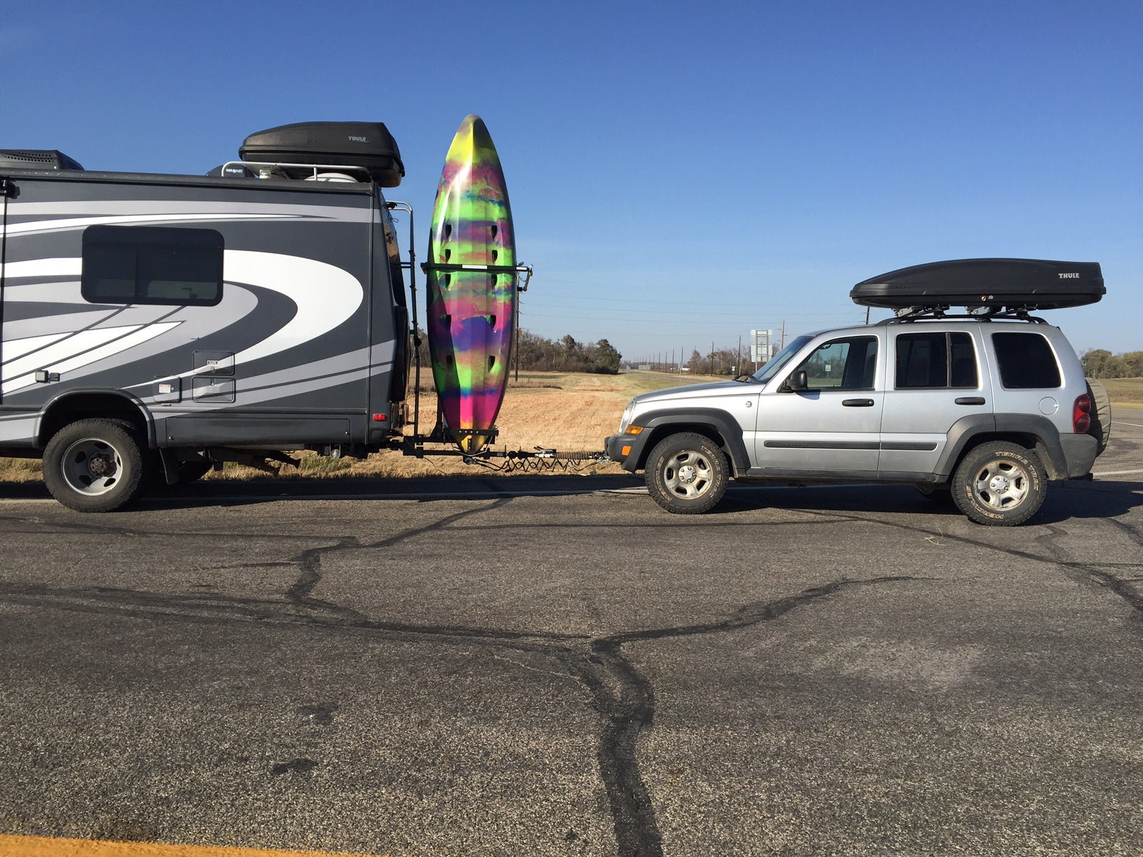 Dual Hitch extension bar for ( FOR FLAT TOWING ONLY) - Yakups® RV Kayak,  Bike, & Boards Custom vertical rack 