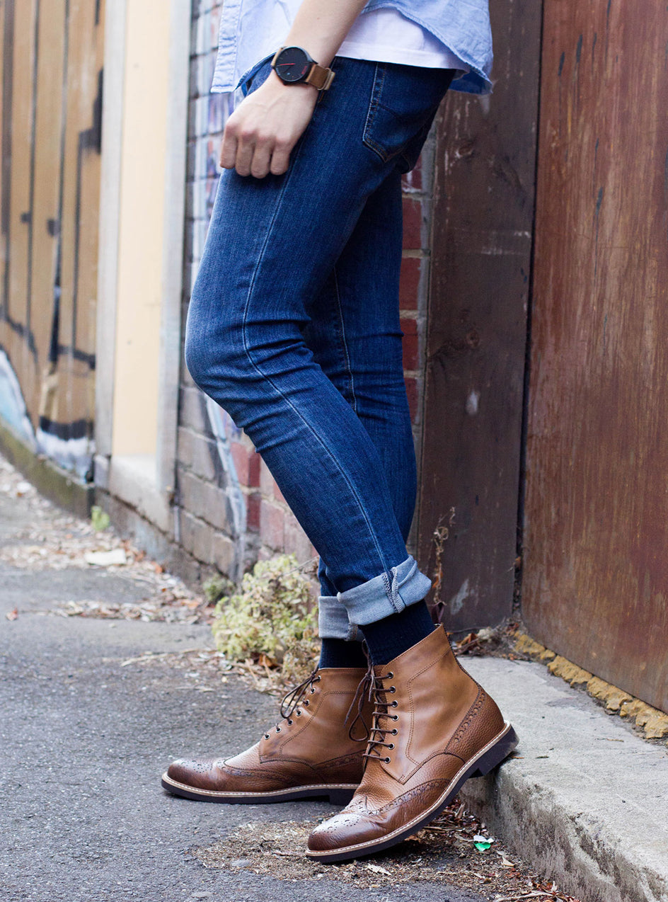 Mens brogue leather tan boots