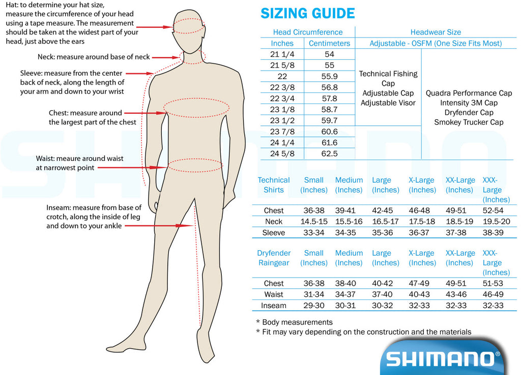 Size chart – Shimano US Fish Shop