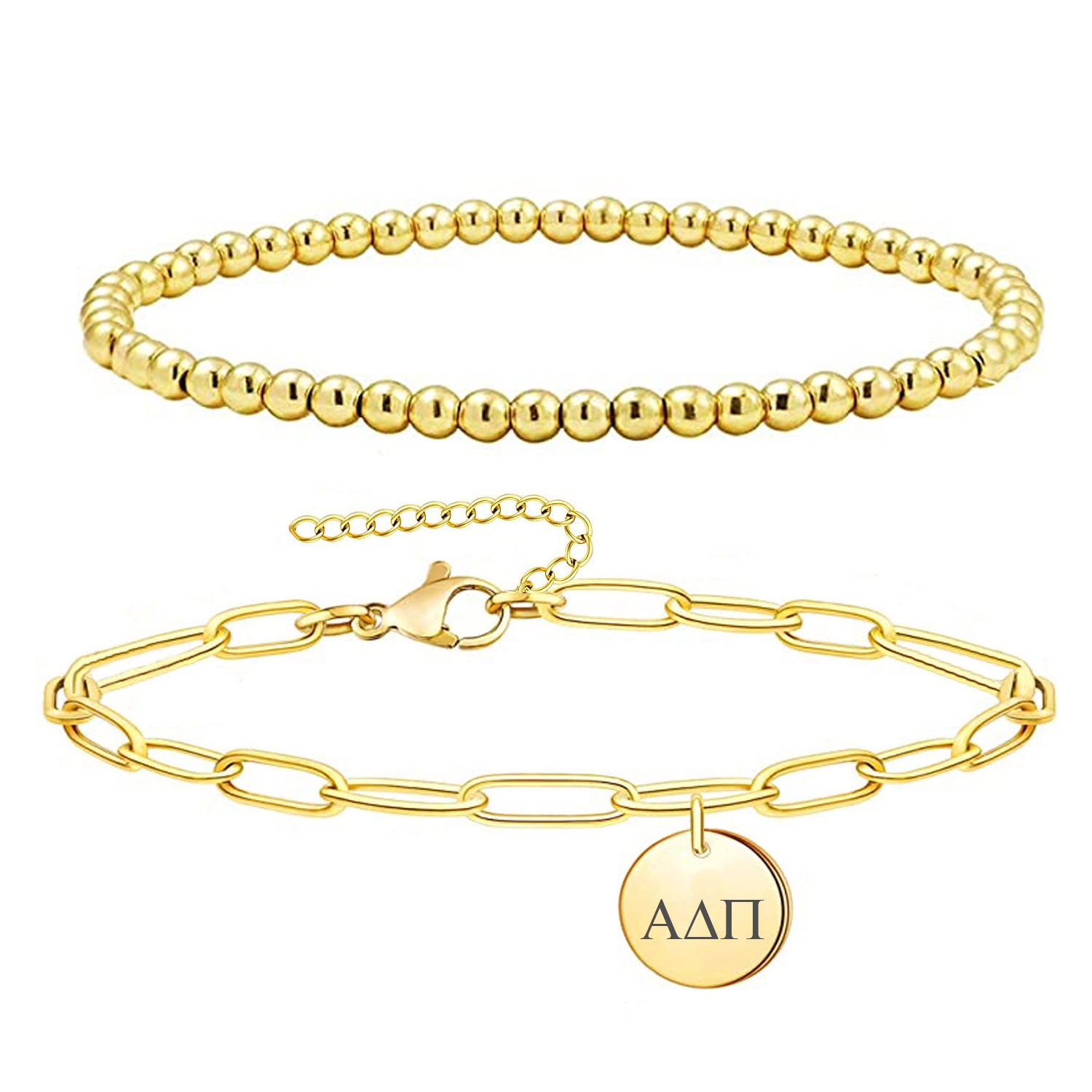 Alpha Delta Pi Paperclip and Beaded Bracelet Gold Filled