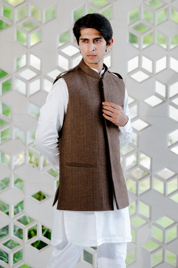 Hemp Brown Textured Premium Wool Blend Wedding Nehru Jackets For Men.