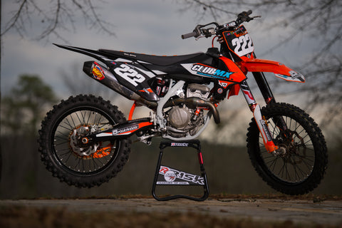 2021 KTM dirt bike on a RISK Racing stand. A bike that is manufactured and imported from Austria